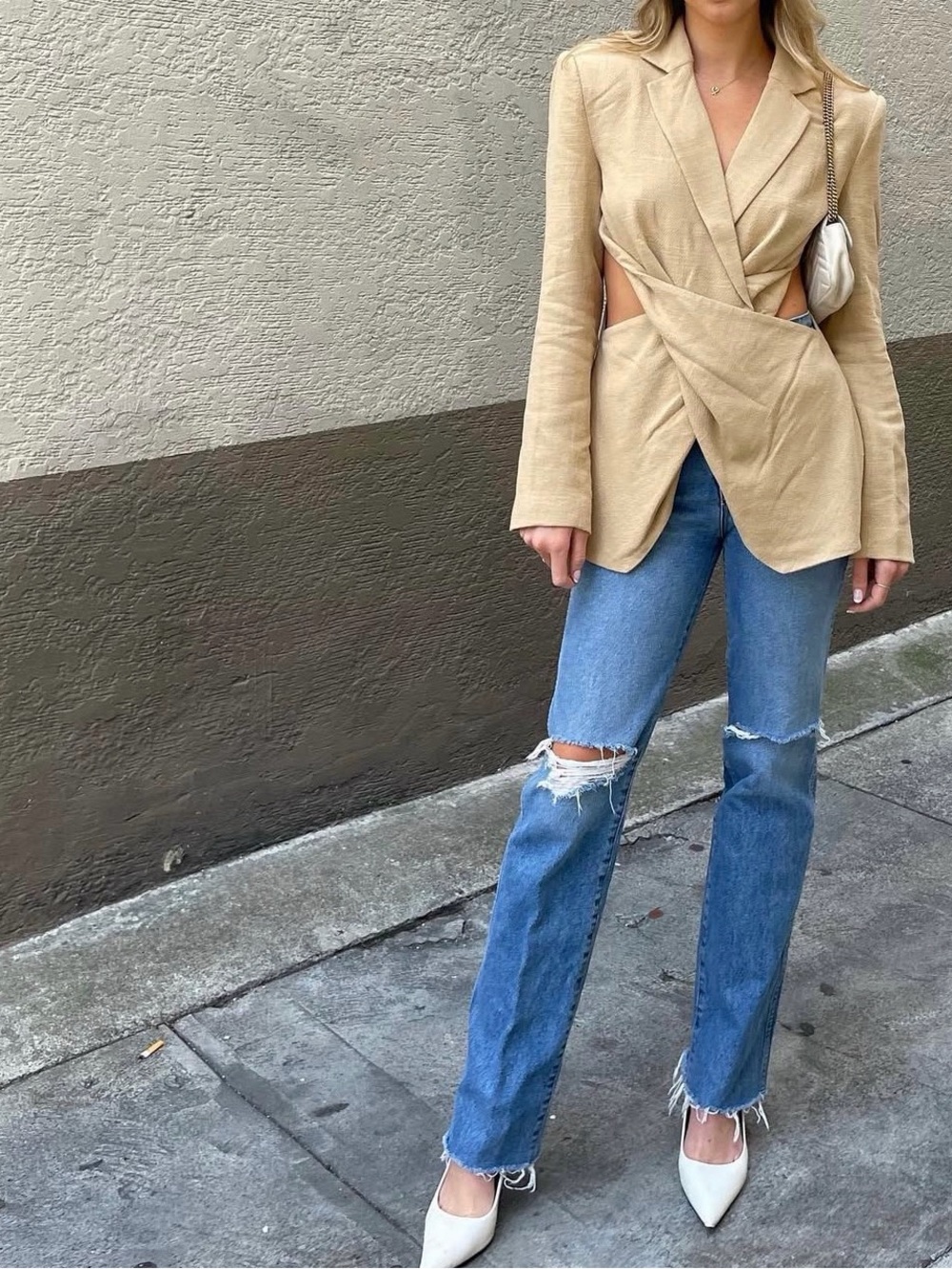 L'Academie Camel Textured Waist Blazer